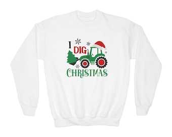 Youth Christmas Tractor Sweatshirt | I Dig Christmas Crewneck | Kids Holiday Farm Tractor Santa Hat Pullover | Boys Girls Christmas Gift