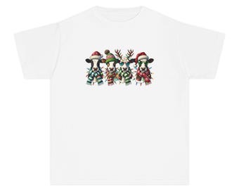 Kids Christmas Cow Comfort Colors T-Shirt | Youth Farm Holiday Tee | Cute Cow Christmas Shirt | Western Cattle Kids Top 100% Cotton