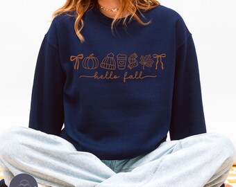 Hello Fall Doodle Sweatshirt | Cozy Autumn Crewneck | Pumpkin Coffee Leaf Fall Outfit | Cute Minimalist Fall Sweater