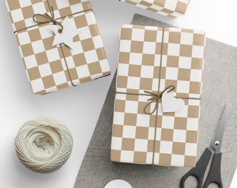 Neutral Chic Checkered Wrapping Paper | Modern Gift Wrap | Tan Gingham Wrapping Paper | Minimalist Holiday Gift Wrap