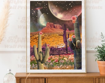 May include: A digital art print featuring a desert landscape with cacti, flowers, and a flying saucer in the sky. The sky is a dark blue with pink and purple clouds. The cacti are green and have pink flowers. The flowers are pink and white. The flying saucer is silver and has a light shining down on the desert.
