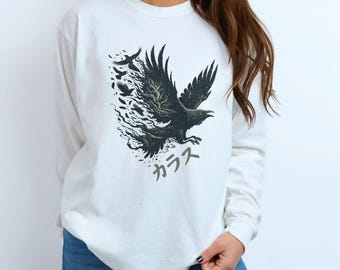 Comfort Colors Long Sleeve Crow Shirt, Japanese Crow Long Sleeve Comfort Colors, Raven Tshirt, Bird Lover Gift, Dark Academia, Karasu Shirt
