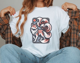 Fox Comfort Colors Shirt, Nine-Tailed Fox Tee, Vintage Inspired Nine-Tailed Fox Shirt, Fox Lover Gift, Kitsune Gift, Mythology Lover Tshirt