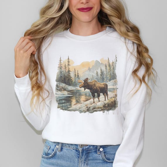 Felpa retrò con alce, girocollo con alce vintage in acquerello