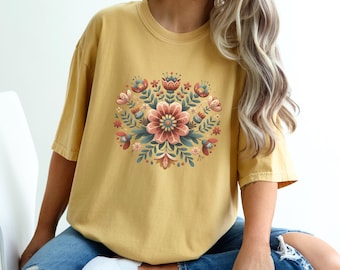 Flower Nordic Folk Art Comfort Colors Tee: Oversized Scandi T-Shirt