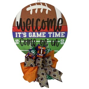 Football Welcome Wreath - Game Day Door Decor with Bow, Football Theme Party Decoration, Front Door Sports Sign