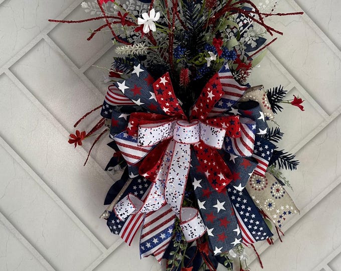 Patriotic Door Swag With Bow | 4th of July Decor | USA Red White Blue ...