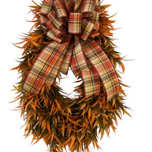 Autumn Leaf Wreath: Rustic Plaid Bow, Fall Door Decor