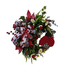 Ladybug Grapevine Wreath with Red and Black Plaid Ribbon, Summer Door Decor