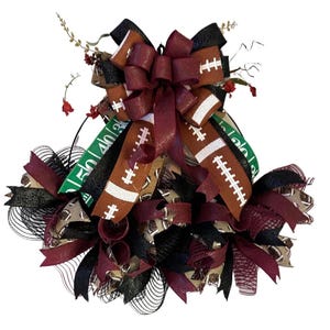 Football Themed Wreath for Sports Fans |  Football Door Decor | Black and Maroon Ribbon | Handmade Football Bow Wreath | Sports Lover Gift