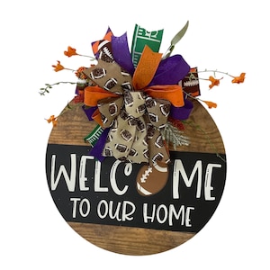 Football Welcome Wreath - Handmade Front Door Décor, Sports-Themed Home Sign, Fall Football Door Hanger, Football Bow Wreath
