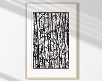 Birch Tree Forest Ink Illustration Black and White Art Print Poster