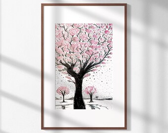 Cherry Blossom Tree Botanical Ink Illustration Art Print Poster