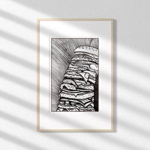Cheeseburger Black and White Ink Illustration Art Print Poster Kitchen Decor
