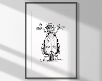 Italian Vespa Scooter Motorbike Ink Illustration Art Print Poster
