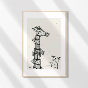 Giraffe Winter Scarf Ink Illustration Art Print Poster
