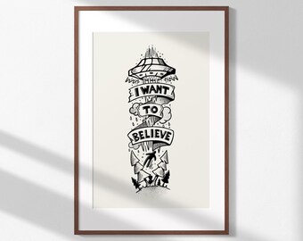 UFO X-Files I Want to Believe Tattoo Art Print