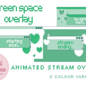 Puede incluir: Superposición de transmisión animada en espacio verde con un diseño pixelado. La superposición presenta una ventana verde con el texto "starting soon..." y una ventana verde con el texto "stream ending..." La superposición también presenta un círculo rosa con el texto "Pixel Dreams" y el texto "ANIMATED STREAM OVERLAY" y "3 COLOUR VARIATIONS".