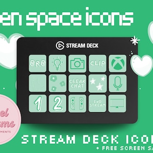 May include: Green and white Stream Deck icons with a green space theme. The icons include BRB, a lightbulb, a camera, CLIP, an Xbox controller, a microphone, a chat bubble, stars, numbers 1 and 2, a Nintendo Switch controller, and a TV screen. The text "STREAM DECK ICONS" and "FREE SCREEN SAVER" are also included.