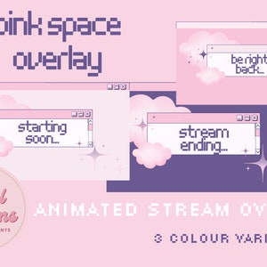 May include: Animated stream overlay with a pink and purple colour scheme. The overlay features a pixelated window with the text "starting soon..." and a cloud with stars.