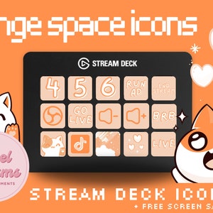 May include: Orange and white themed Stream Deck icons with a black background. The icons include numbers, a play button, a microphone, a heart, and the text "Go Live", "Run Ad", "End Stream", "BRB", and "Live".