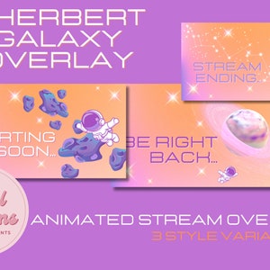 Puede incluir: Superposición de transmisión animada con tema de galaxia. El diseño presenta un astronauta, planetas y estrellas sobre un fondo degradado naranja y rosa. El texto incluye "Starting Soon...", "Stream Ending..." y "Be Right Back..."