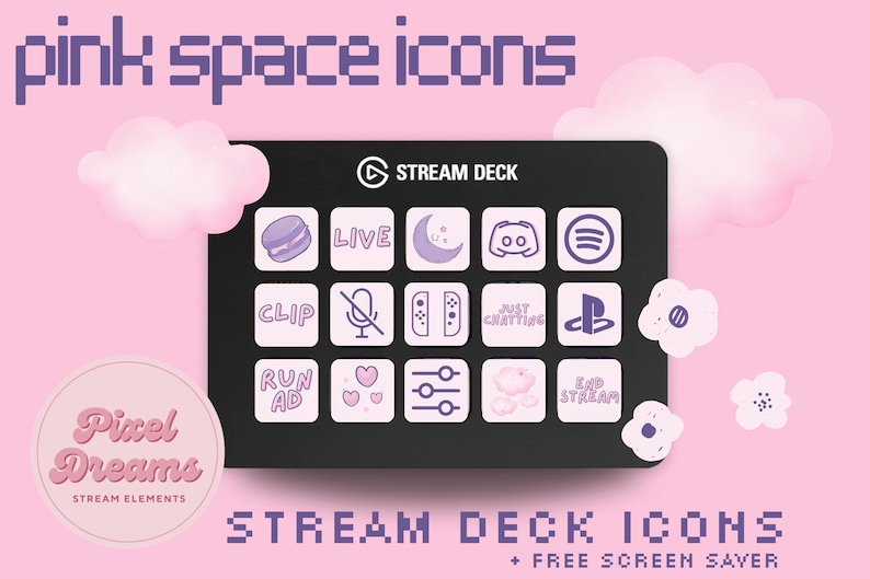 May include: Pink and purple Stream Deck icons with a space theme. The icons include a moon, a heart, a microphone, a controller, a cloud, a macaron, a play button, a Discord logo, a Spotify logo, a PlayStation logo, and more. The text "STREAM DECK ICONS + FREE SCREEN SAVER" is at the bottom of the image.