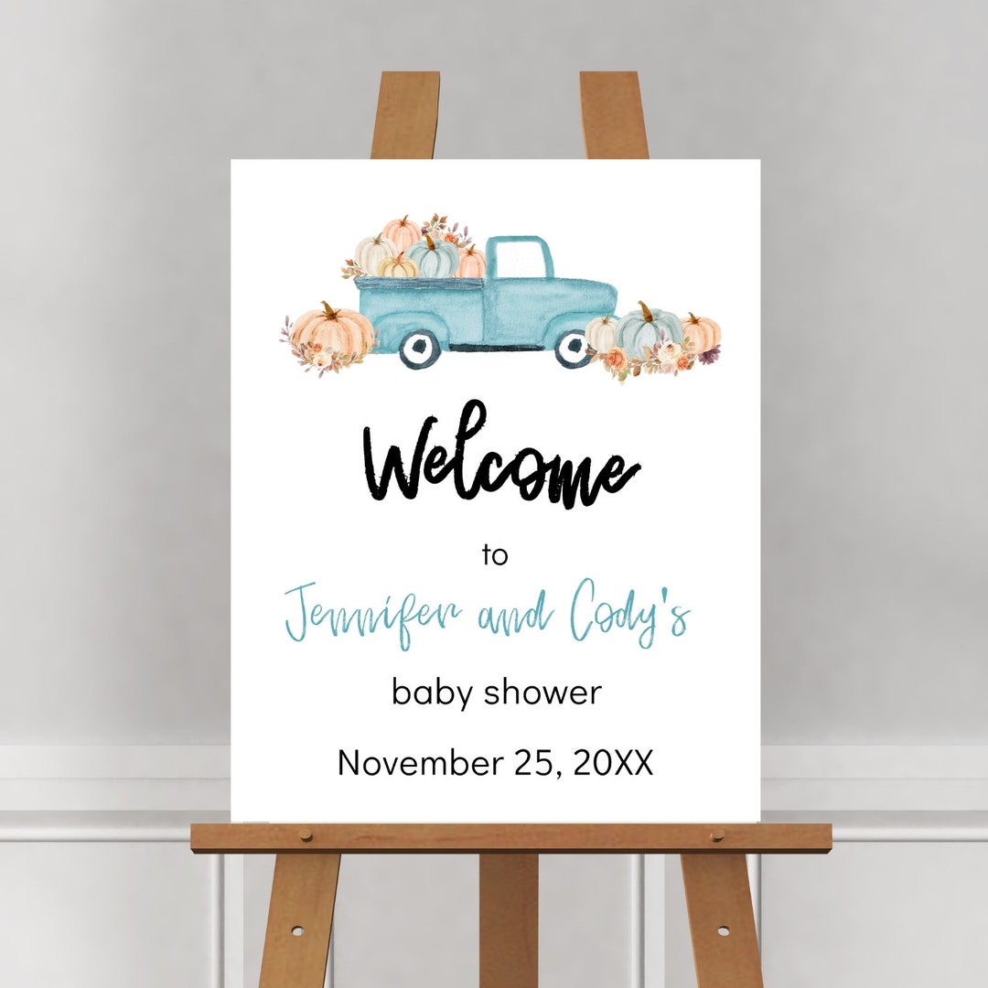 Editable Blue Truck Baby Boy Pumpkin Baby Shower Sign Etsy