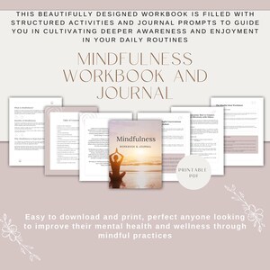 Op de afbeelding: Een printbaar mindfulness-werkboek en -dagboek met een omslagfoto van een persoon die mediteert op een strand bij zonsondergang. De tekst op de omslag luidt "Mindfulness Workbook & Journal".