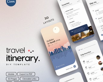 Canva Mobile Itinerary DIY Template (Seoul, Korea Cover) | Mobile Travel Planner | Vacation Organizer | Digital Schedule | PDF or Print