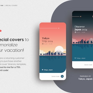 May include: Two phone screen mockups with a pink and blue color scheme. The mockups show a stylized illustration of the Tokyo skyline with the text "Tokyo Trip 2024" and "Discover Japan 2024".