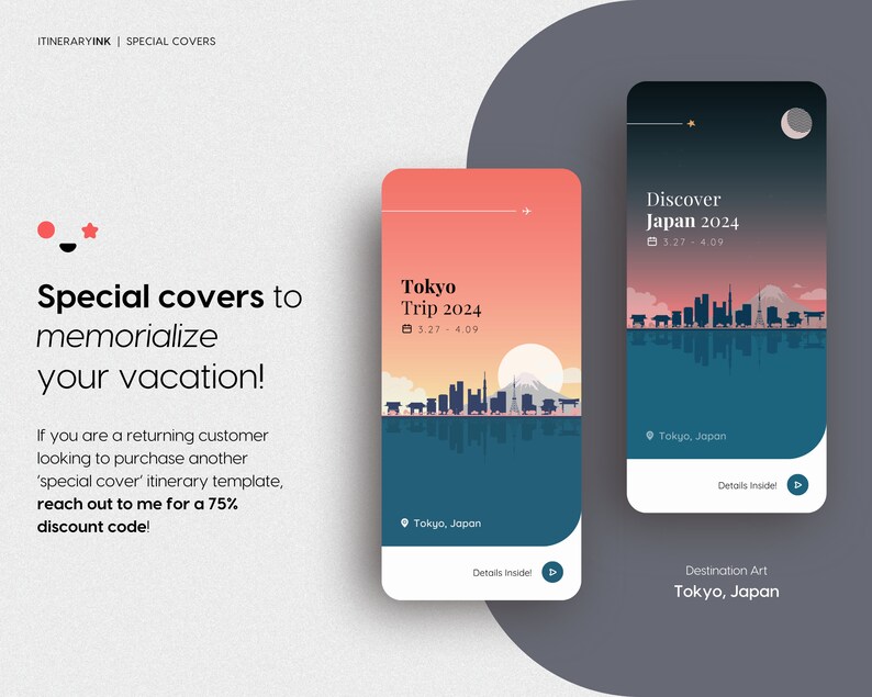 May include: Two phone screen mockups with a pink and blue color scheme. The mockups show a stylized illustration of the Tokyo skyline with the text "Tokyo Trip 2024" and "Discover Japan 2024".