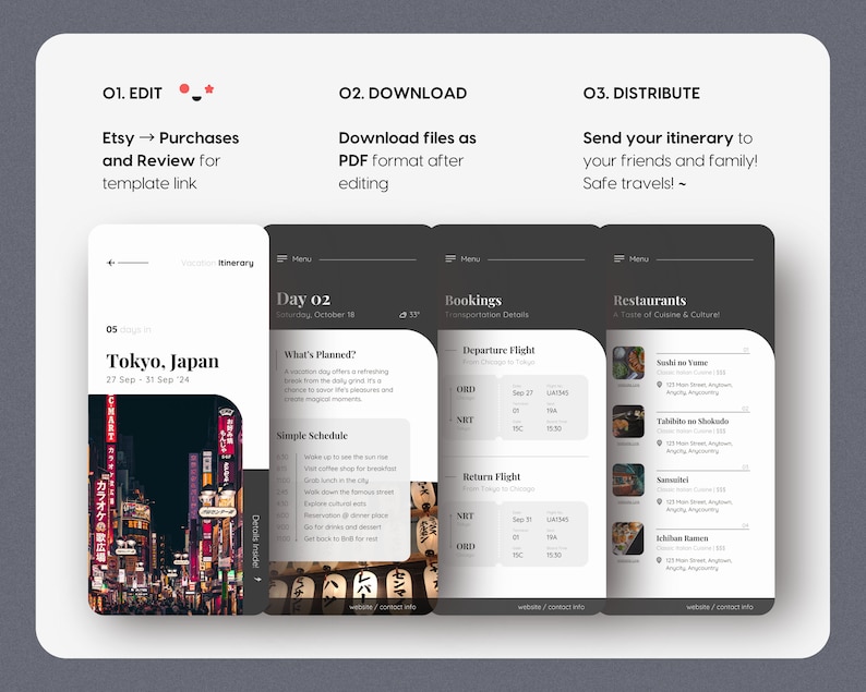 May include: A digital itinerary template for a trip to Tokyo, Japan. The template includes a schedule, bookings, and restaurant recommendations. The template is designed to be easily edited and shared with friends and family.