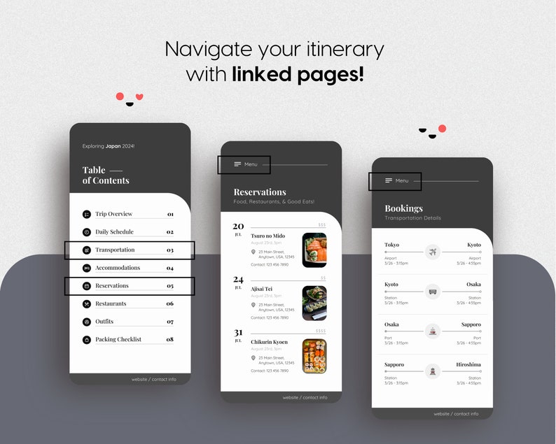 May include: A black and white mobile app screen showing a table of contents for a trip itinerary to Japan. The table of contents includes sections for trip overview, daily schedule, transportation, accommodations, reservations, restaurants, outfits, and packing checklist. The app also includes sections for reservations and bookings.