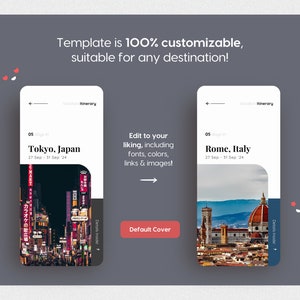 May include: Two phone screen mockups showing vacation itineraries for Tokyo, Japan and Rome, Italy. The text on the screen says "Vacation Itinerary" and includes the dates "27 Sep - 31 Sep '24". The text "Edit to your liking, including fonts, colors, links & images!" is displayed below the mockups. A button labeled "Default Cover" is below the text.