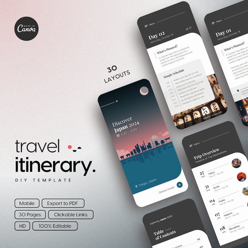 May include: A mobile phone screen mockup showing a travel itinerary template for a trip to Japan in 2024. The template includes a trip overview, table of contents, and daily itineraries with activities and time schedules. The design features a cityscape silhouette with a red sun and a moon.