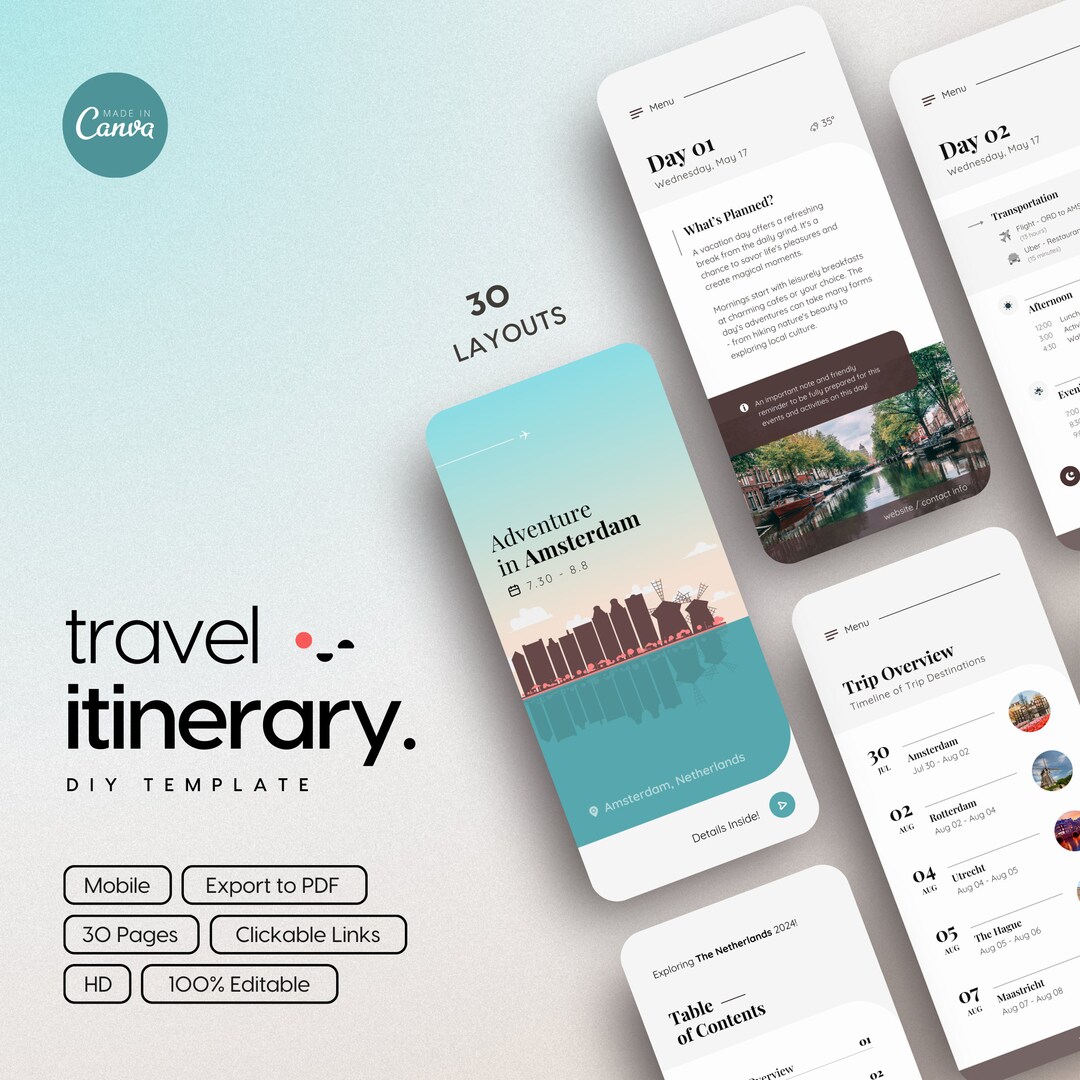 Canva Mobile Itinerary DIY Template (amsterdam, Netherlands Cover ...