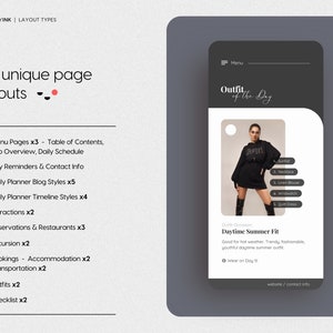 May include: A mobile phone screen displaying a page layout for a travel itinerary app. The page is titled "Outfit of the Day" and features a woman wearing a black dress and boots. The text on the screen reads "Daytime Summer Fit" and "Good for hot weather. Trendy, fashionable, youthful daytime summer outfit."