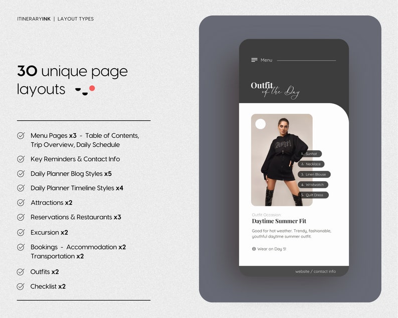 May include: A mobile phone screen displaying a page layout for a travel itinerary app. The page is titled "Outfit of the Day" and features a woman wearing a black dress and boots. The text on the screen reads "Daytime Summer Fit" and "Good for hot weather. Trendy, fashionable, youthful daytime summer outfit."
