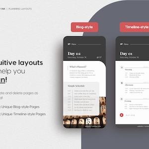May include: A screenshot of a mobile app with two different layouts for planning a trip. The app has a blog-style layout and a timeline-style layout. The blog-style layout shows a list of activities for a day, while the timeline-style layout shows a visual timeline of activities for a day. The app is called "Itineraryink" and is designed to help users plan their trips.