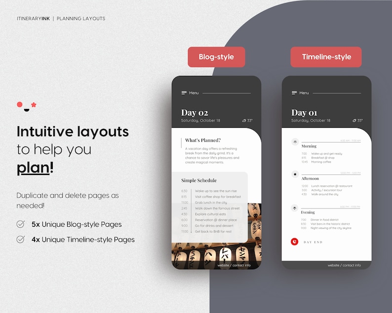 May include: A screenshot of a mobile app with two different layouts for planning a trip. The app has a blog-style layout and a timeline-style layout. The blog-style layout shows a list of activities for a day, while the timeline-style layout shows a visual timeline of activities for a day. The app is called "Itineraryink" and is designed to help users plan their trips.