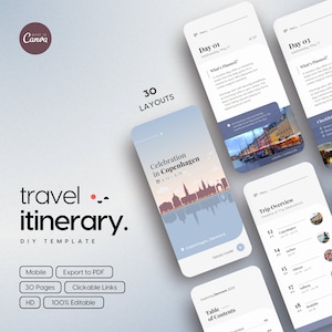 Pode incluir: Um modelo de itinerário de viagem com 30 layouts para uma viagem a Copenhague, Dinamarca. O modelo inclui uma tabela de conteúdo, uma visão geral da viagem e itinerários diários. O modelo é compatível com dispositivos móveis e pode ser exportado para PDF.