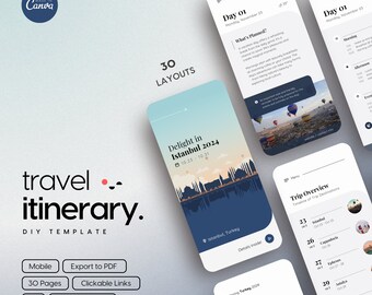 May include: A mobile phone screen displaying a travel itinerary template for a trip to Istanbul, Turkey. The template includes a table of contents, a trip overview, and a daily itinerary for each day of the trip. The template is designed to be used on a mobile device and is 100% editable.
