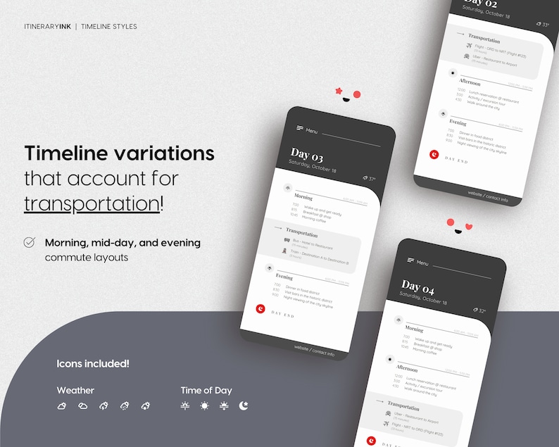 May include: A mockup of a mobile phone app showing a timeline for a trip. The app includes a menu, a day of the week, a date, and a list of activities. The activities are categorized by time of day, including morning, afternoon, and evening. The app also includes icons for weather and transportation.