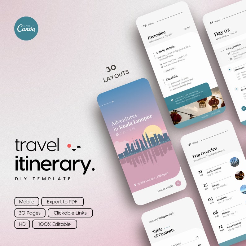 Canva Mobile Itinerary DIY Template (kuala Lumpur, Malaysia Cover ...