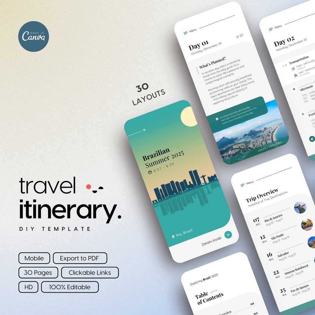 Canva Mobile Itinerary DIY Template (rio De Janeiro, Brazil Cover ...