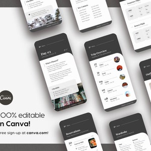 May include: A black and white mobile phone mockup with a white background. The phone screen displays a travel itinerary with a checklist, trip overview, and outfit of the day. The text on the screen includes "Day 03", "What's Planned?", "Checklist", "Trip Overview", "Outfit of the Day", and "Reservations".