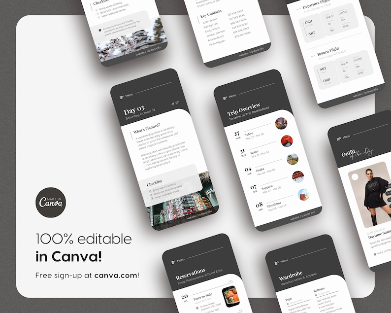 May include: A black and white mobile phone mockup with a white background. The phone screen displays a travel itinerary with a checklist, trip overview, and outfit of the day. The text on the screen includes "Day 03", "What's Planned?", "Checklist", "Trip Overview", "Outfit of the Day", and "Reservations".