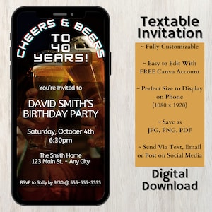 Men&#39;s Beer Birthday Invitation Template Digital | 40th | Cheers | Text Message | Phone Invite | Evite | Mobile | Masculine Birthday
