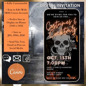 Modèle d’invitation à une fête d’Halloween pour costumes et cocktails | Invitation numérique | Invitation par téléphone portable | Cocktail Party